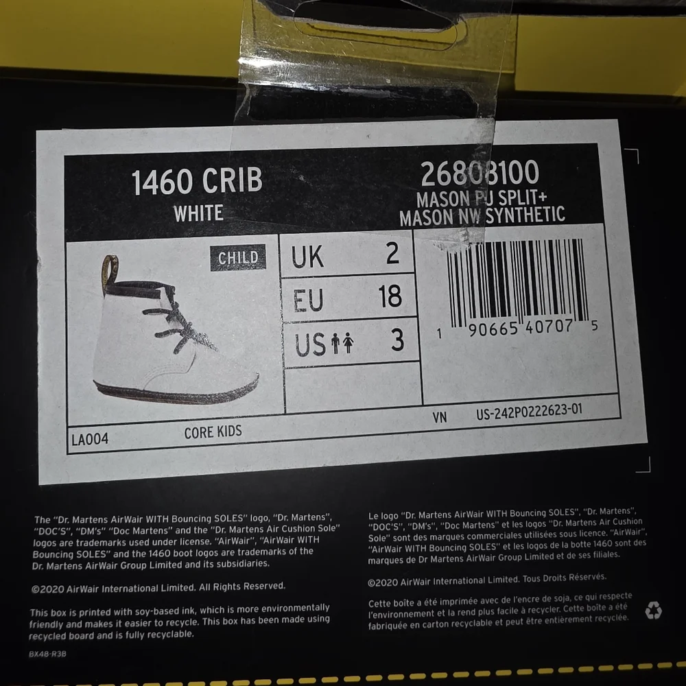 Dr. Martens 1460 Crib Baby Boots - White Size 3 Brand NEW in Box